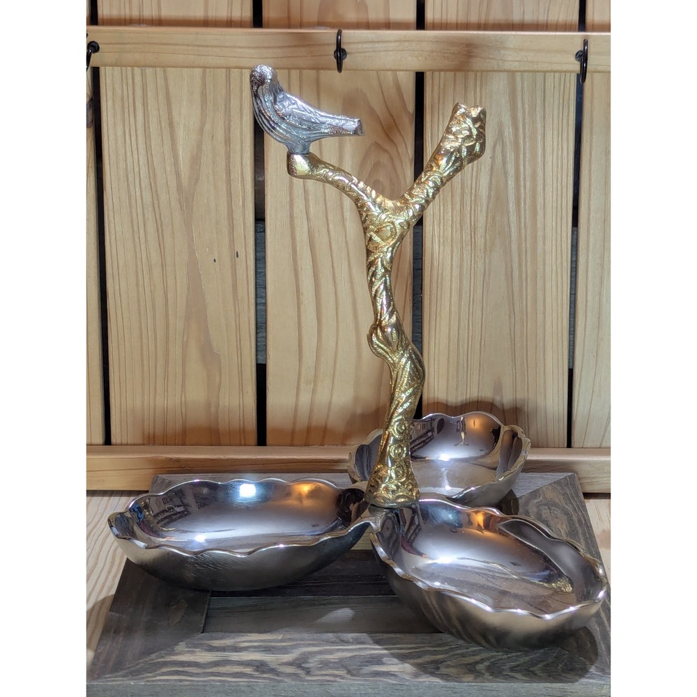 Beautiful Gold And Silver Bird And Tree 3‎ Dish Service Decorative Piece Jewelry